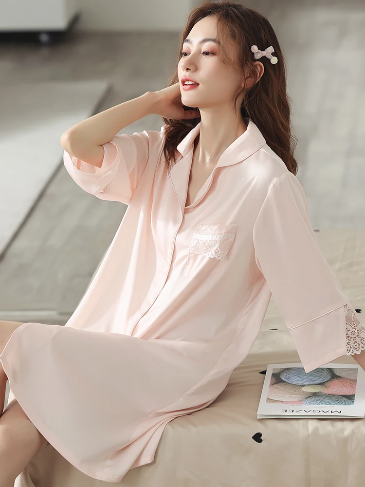 

Summer Pink Satin Nightdress Women White Sexy Sleepwear Satin Sleepshirts Robe Soft Home Clothes Fashion Thin Nightgown Femme