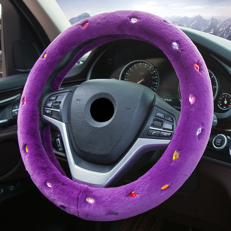 2020 New Winter Plush Car Steering Wheel Cover Colorful Artificial Diamond Cute Women Girls for 37-38cm Steering Wheel