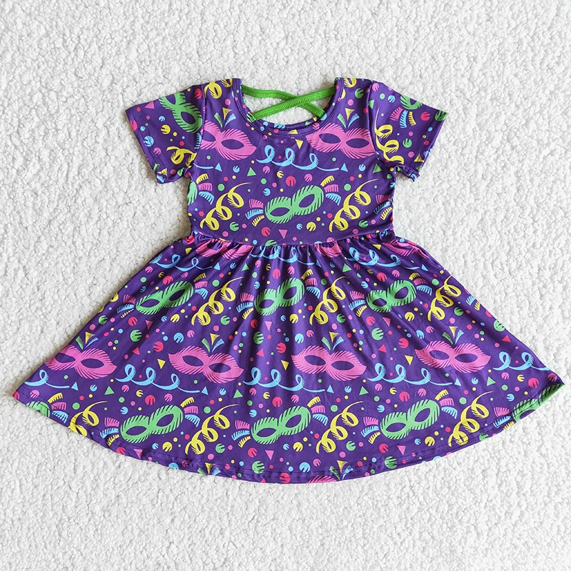 

Wholesale Fashion Baby Little Girls Happy Mardi Gras Clothing Kids Twirl Purple Princess Dress Children Boutique Spring Clothes