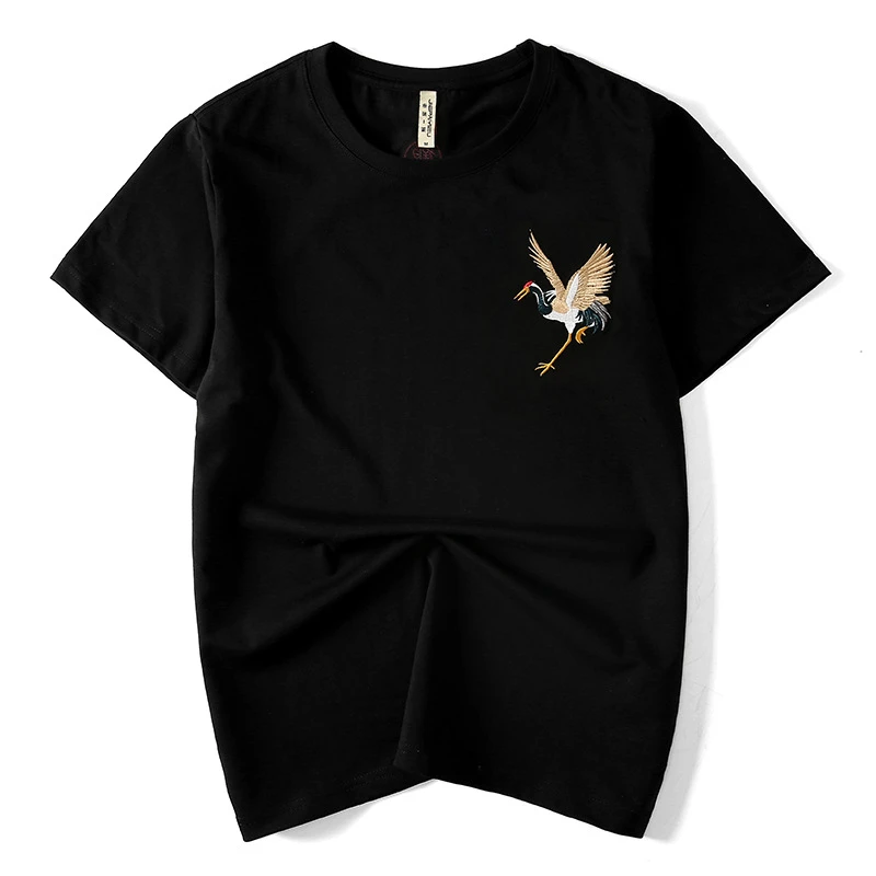 Lyprerazy Streetwear Chinese Japan Style Red-crowned crane TShirts Mens Short Sleeve T-shirts Hip Hop Embroidery Tees