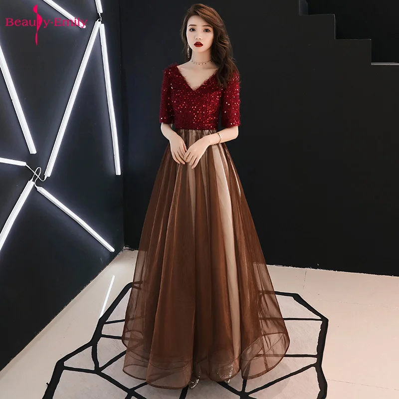 

Beauty Emily V Neck Shine Sequins Half Sleeve Elegant Evening Dresses Ruched Tulle Formal Party Dress Open Zip Back Vestidos