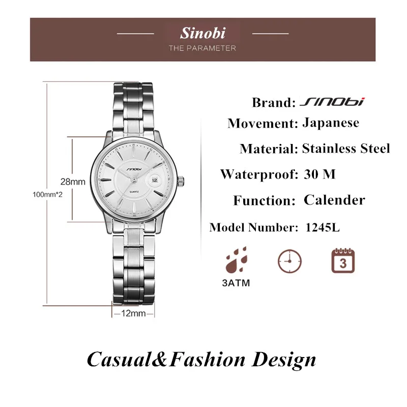 New Sinobi Woman Watch Fashion And Casual Ladies Quartz Geneva Wristwatches Calender Stainless Steel Clock Relogio AAAAA Gift