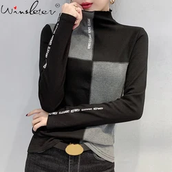 New 2022 Women Spring Fall Slim T-Shirt Patchwork Bottoming Long Sleeve Casual Korean Minimalist Triko Tops Tees Sanded T07833B