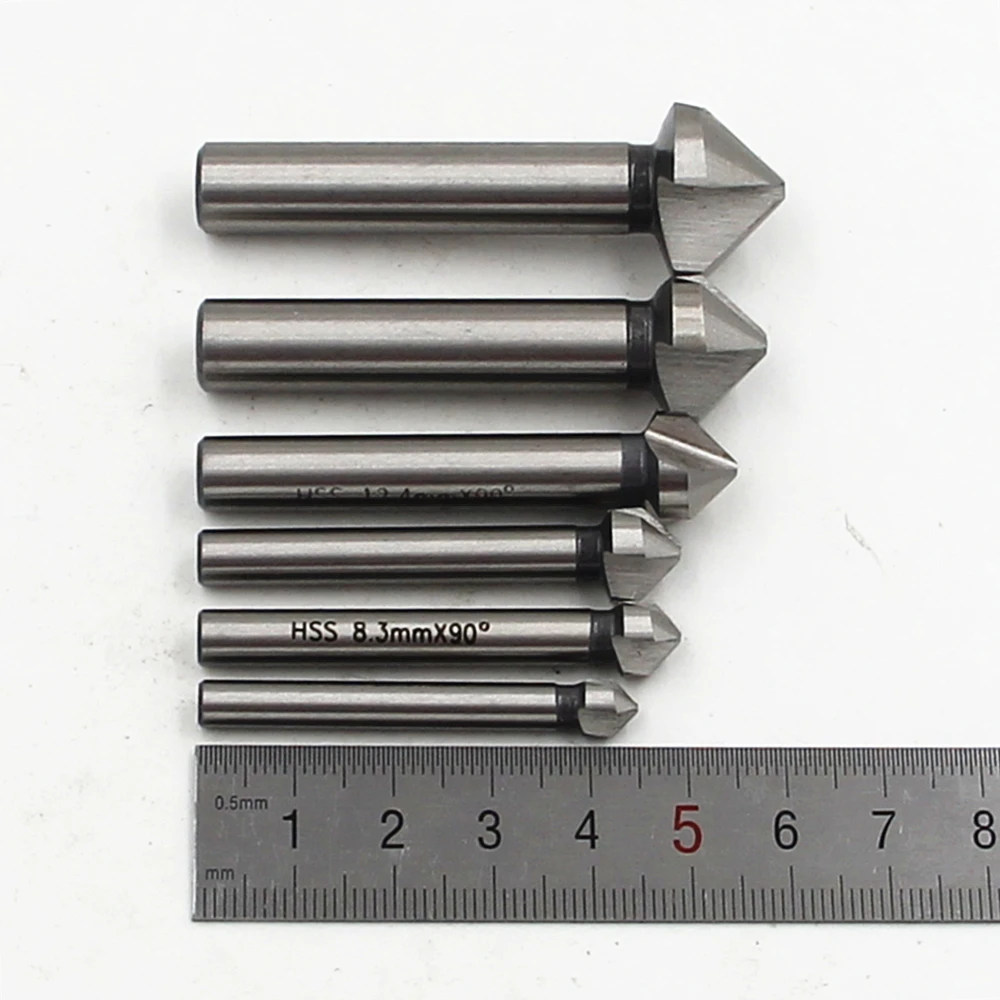 Straight Shank 6pcs/Set 3 Flute HSS Hard Metals Titanium Three Edge Chamfer Chamfering Cutter Countersink Drill Bit In Tin Box