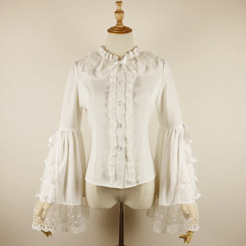 White Lace&Chiffon Ruffle Neck Flare Sleeve Sweet Lolita Blouse Victorian Steampunk Top Gothic Clothes Vintage Blouses For Women