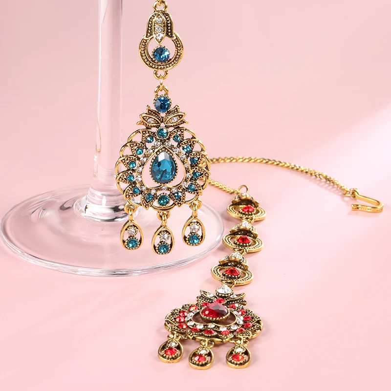 From India Vintage Look Jewelry Sets Pendants Necklace Earring For Women Gold-Color Mosaic  Blue Crystal Party Gifts