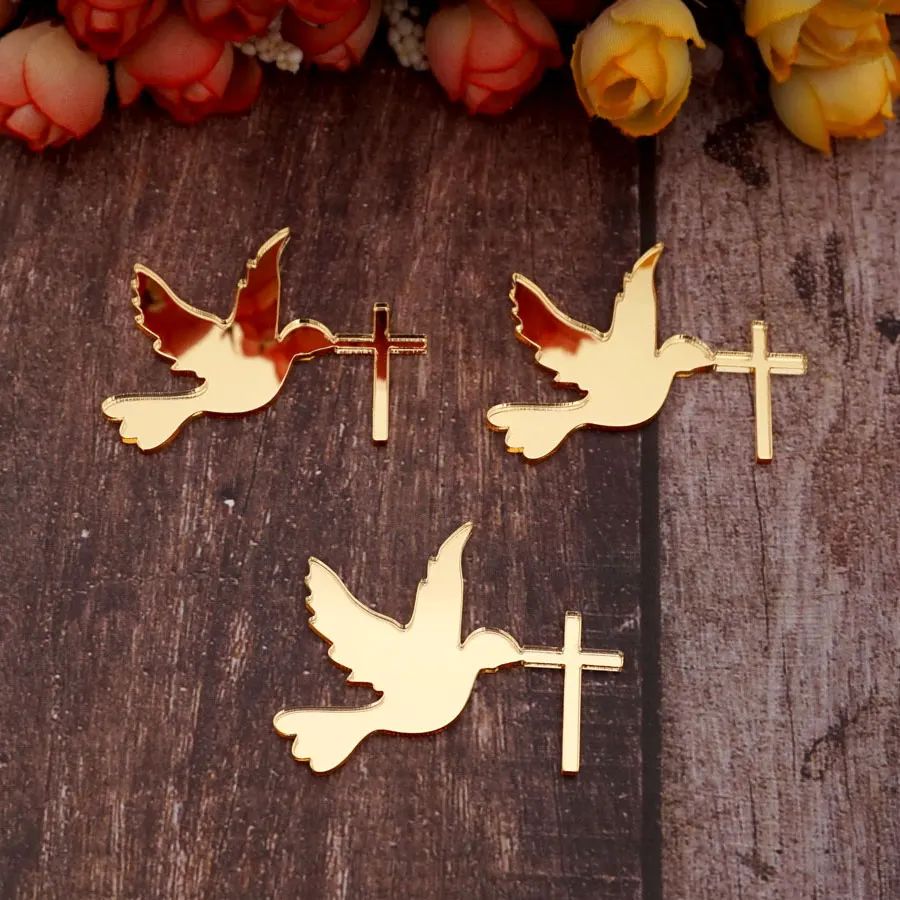 50pcs/Lot 5cm Pigeon Shape Acrylic Cutting Mirrored Dove with Cross/Rings Acrylic Tags DIY Christening Home Decoration