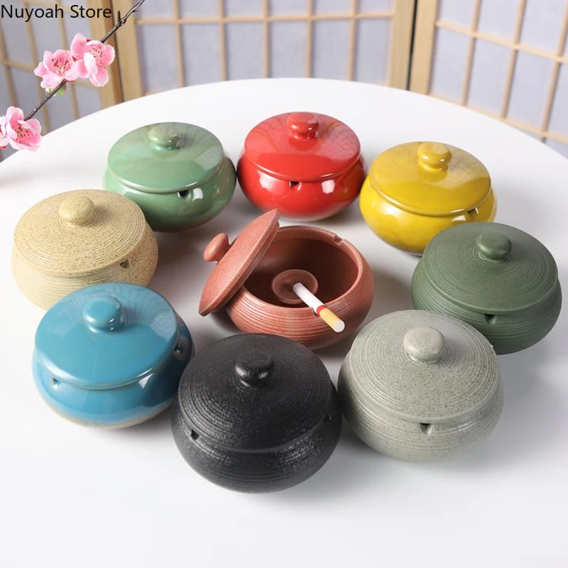 Creative Ceramic Ashtray Living Room Anti Fly Ash Storage Box with Lid Home Retro Ashtray Ornaments Home Decoration Accessories