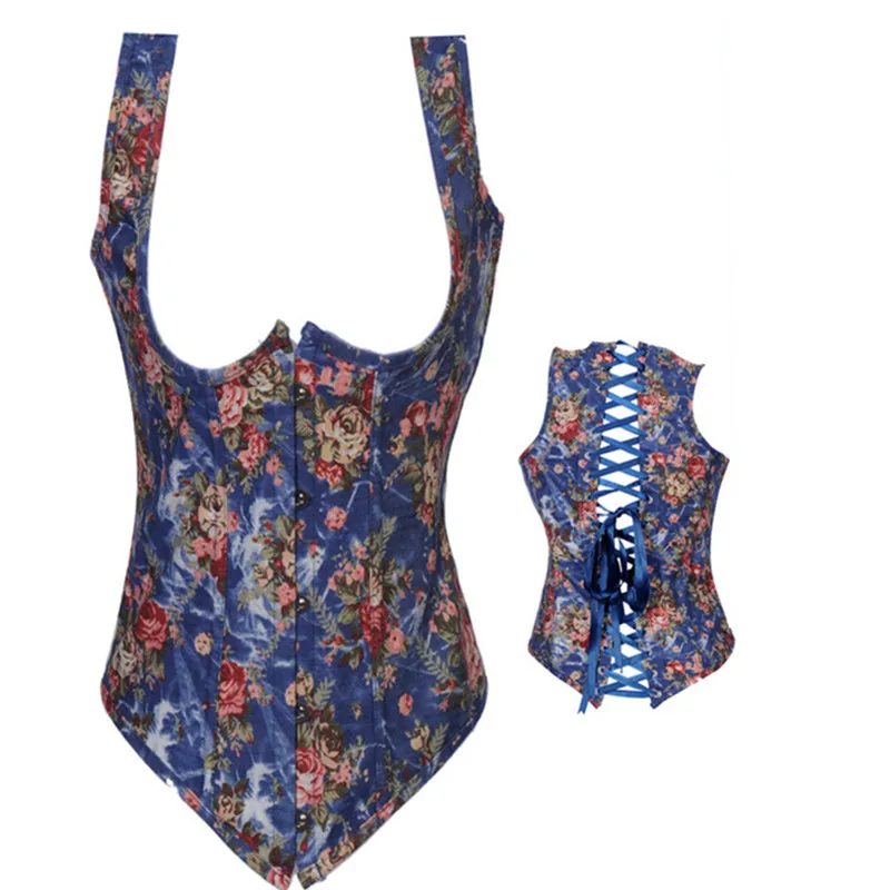 

Sexy Corset Vest Women's Vintage Floral Denim Corset Push Up Bustier Overbust Straps Steel Boned Slimming Waist Cincher Corsets