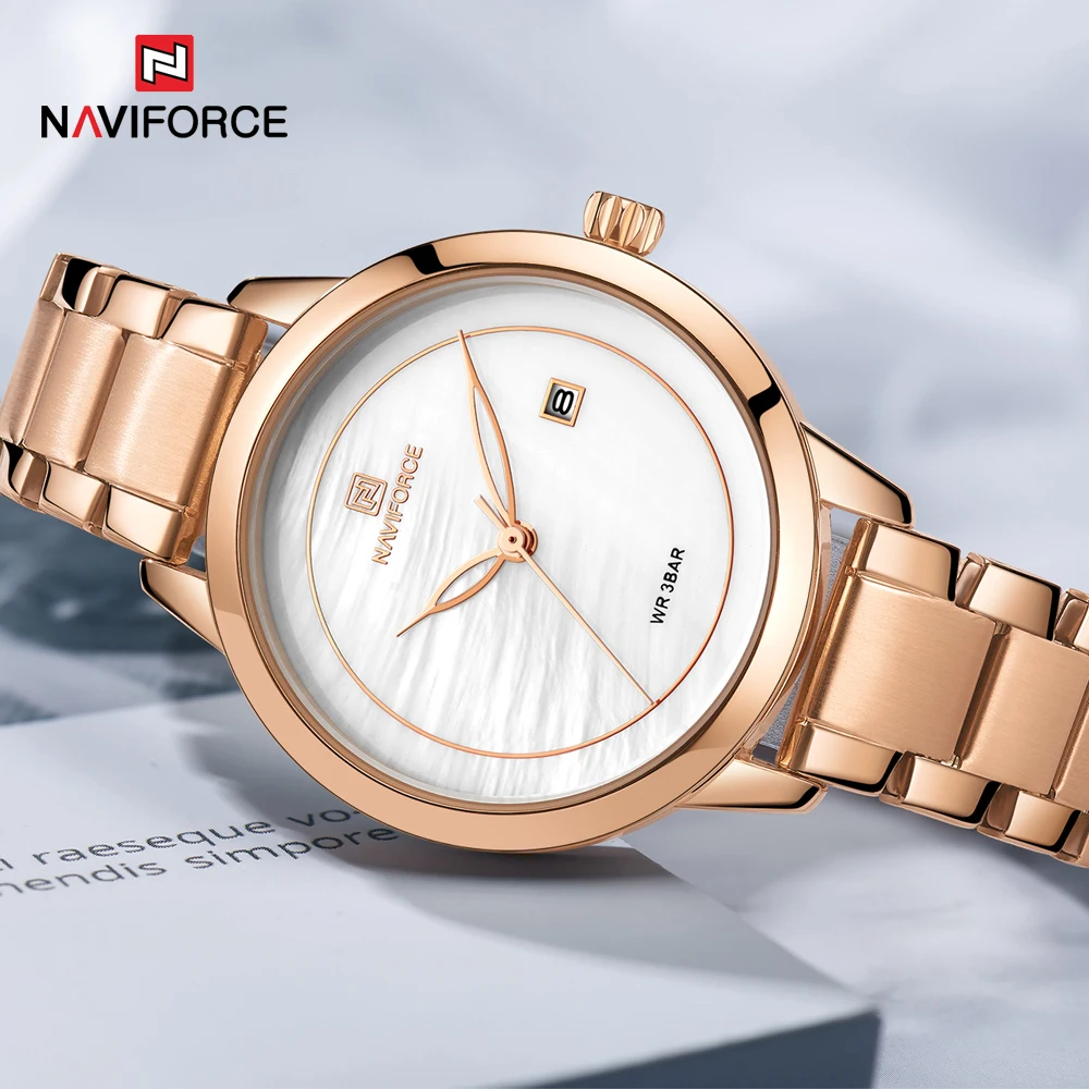 NAVIFORCE-relojes de cuarzo de oro rosa para mujer, pulsera femenina de marca superior, 5008