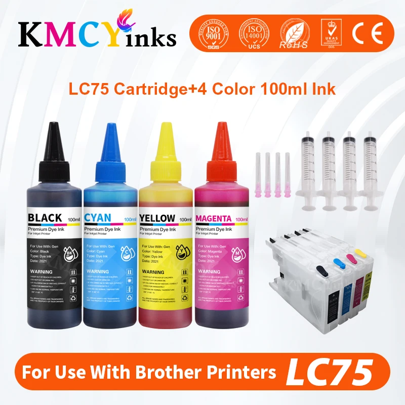 

KMCYinks LC 75 XL Printer Ink Cartridge For Brother LC12 LC40 LC71 LC73 LC75 LC400 LC1220 LC1240 + 400ml Dye Ink for MFC-J6910