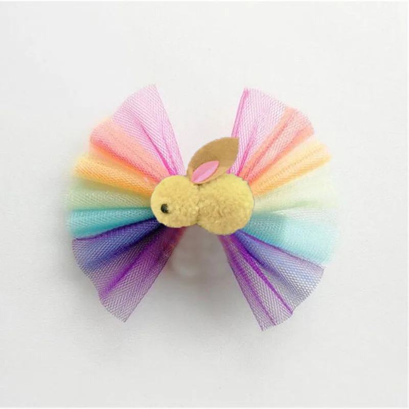 2022 NEW Easter Bunny Rainbow Net Yarn Bow Hairpin 4 INCH HAIR BOWS FOR Baby Girls Children's bow Hairpin Hair Clips