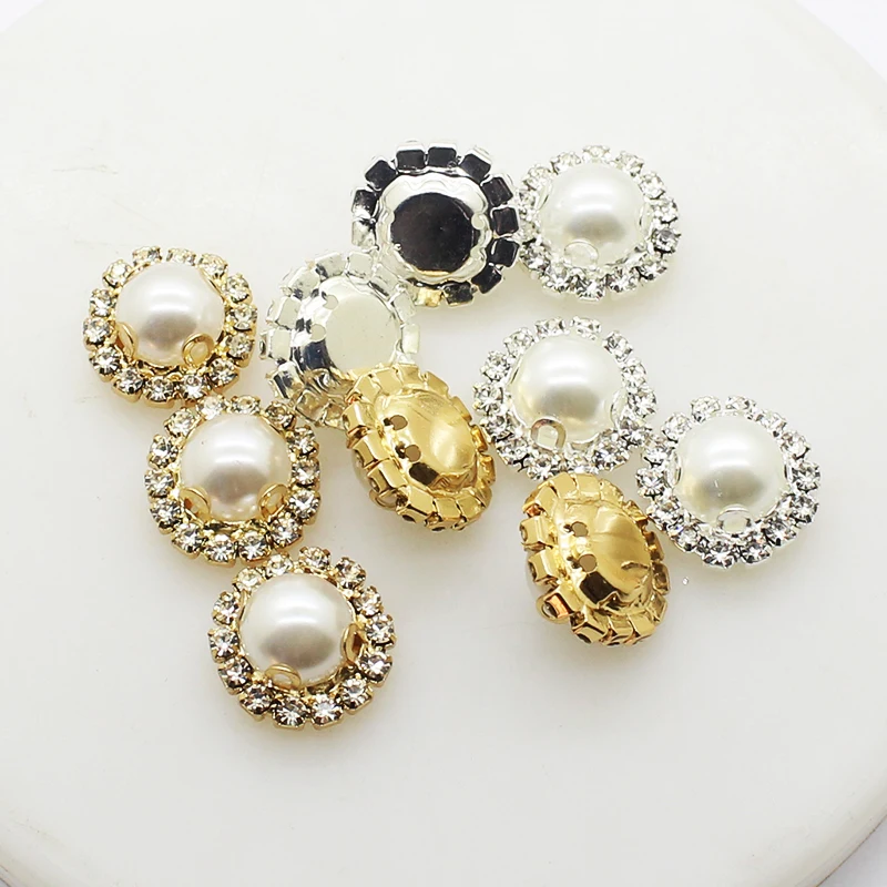 New Fashion 15mm Pearl Rhinestones Button DIY Handwork  Accessories Sewing Clothing Shiny Decoration 10Pcs Gold or Silver