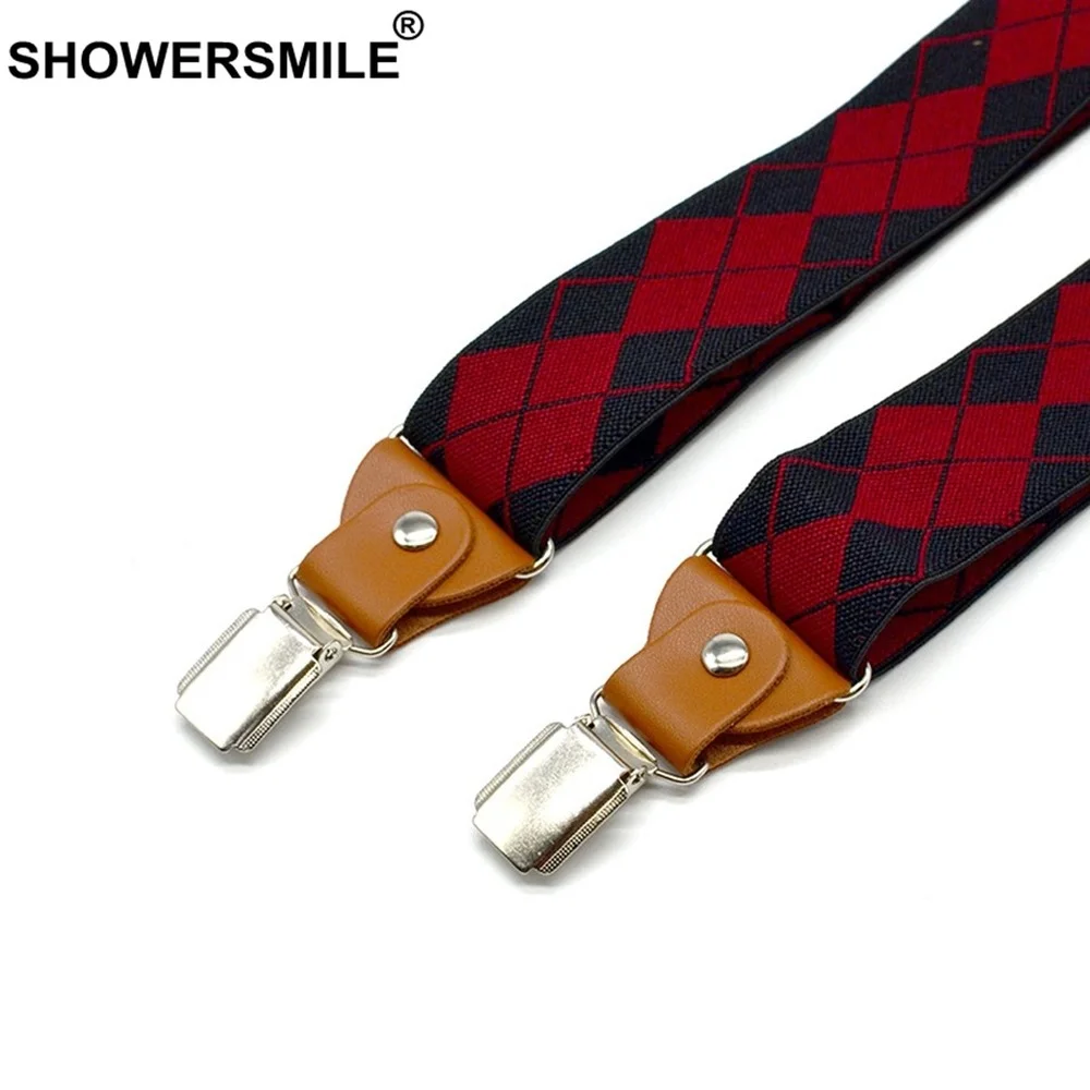 Suspenders Man For Pants Black Red Argyle Adjustable Y Back Suspender Belt 3 Clips With Leather Male Braces 120cm*3.5cm