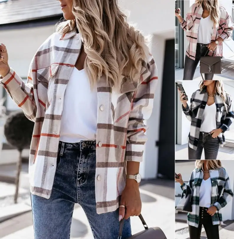 2021 Women\'s Autumn Winter Coats Plaid Clothe Long Blouses Coat Casual Female Thicken Jackets Cardigans Checker Jacket Clothing