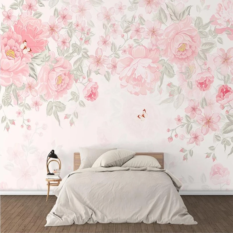 

Custom Any Size Mural Wallpaper Modern Hand Painted Pink Pastoral Flowers Sticker Living Room Bedroom Romantic Home Decor Tapety