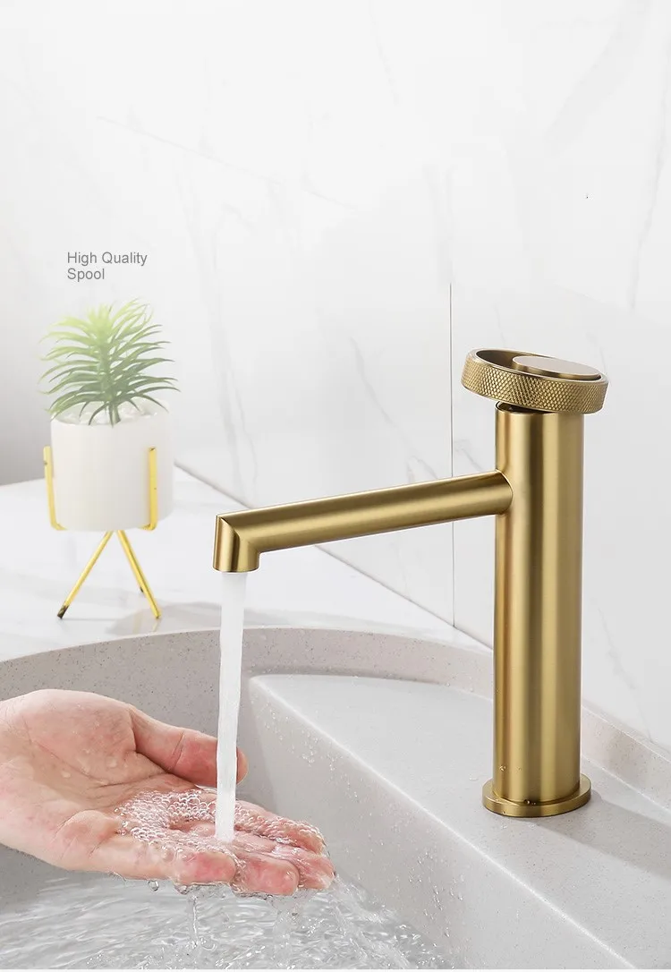 Luxury 100% Brass Brushed gold bathroom sink faucet top quality Art design Cold hot basin mixer faucet Round handle dual control