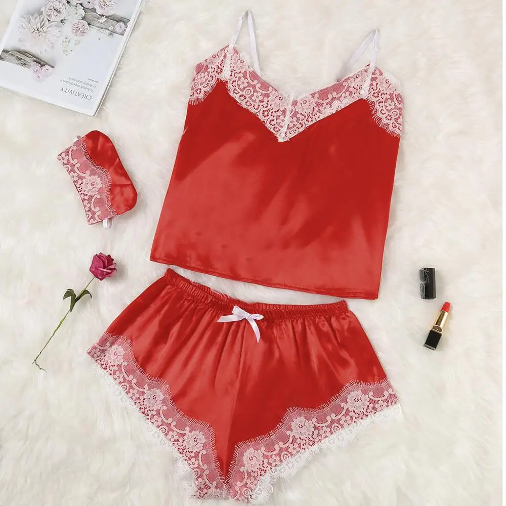 Women's Sleepwear Sexy Satin Pajama Set White Lace V-Neck Pyjamas Sleeveless Cute Cami Top and Shorts Patchwork Pajama