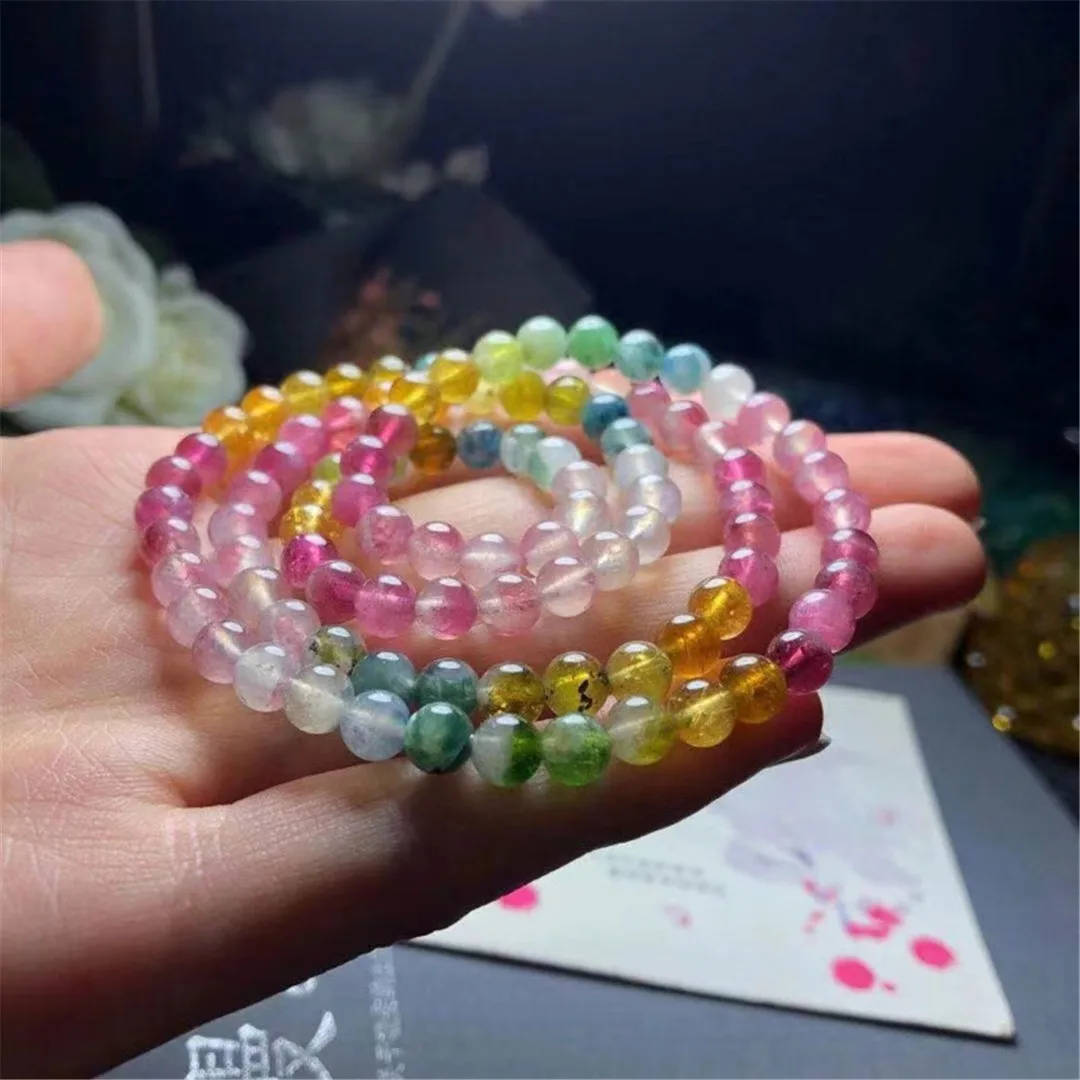 6mm Natural Rainbow Tourmaline Quartz Bracelet For Women Men Healing Gift Crystal Three Laps Beads Stone Strands AAAAA