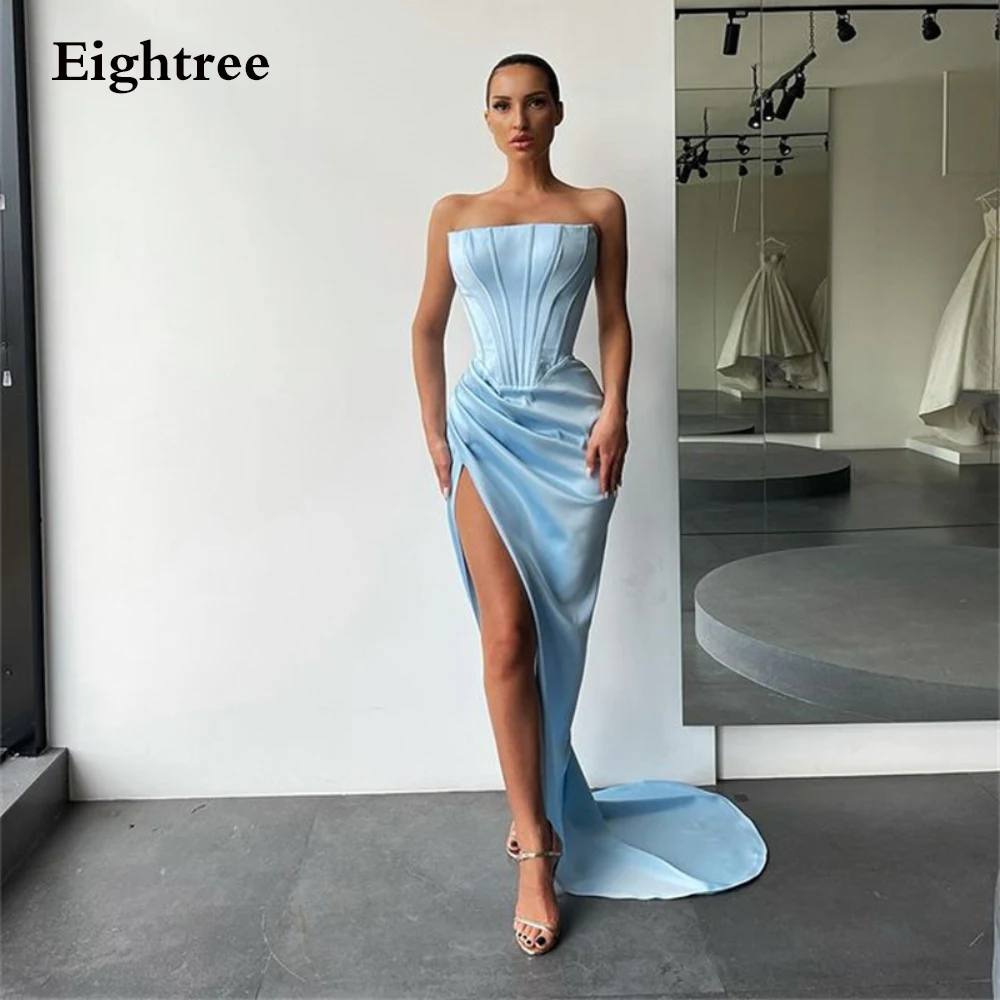 

Eightree 2024 Light Blue Satin Sleeveless Party Night Dress Strapless Long Side Slit Evening Formal Dresses Vestidos de festa