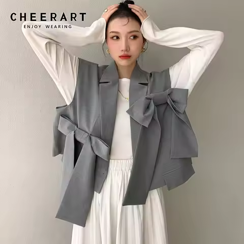 CHEERART Designer Fashion Women Gilet Grey Vest Bow Sleeveless Blazer Coat Loose Crop Jacket Single Button Waist Coat