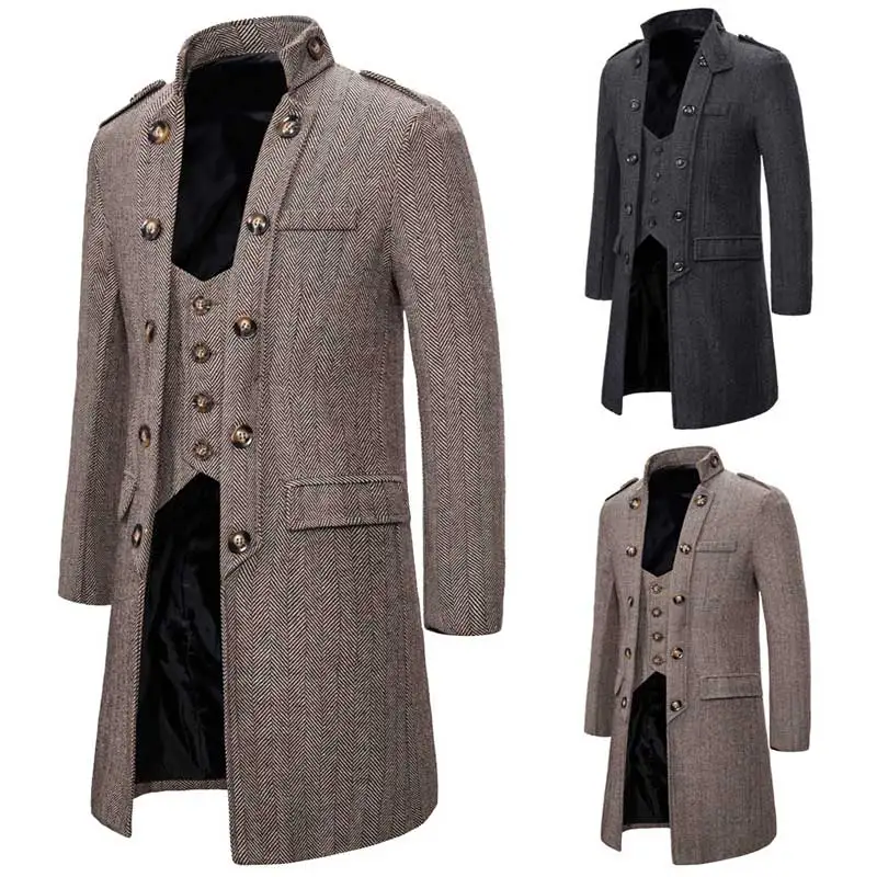 Men's Double Breasted Herringbone Tweed Wool Blend Long Trench Coat Fake Two Piece Stand Collar Formal Business Windbreaker 2XL