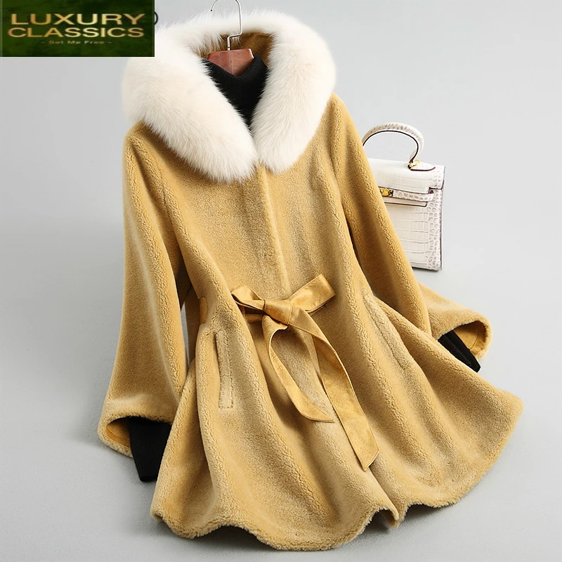 Coats Sheep Real Shearing Fur Women Clothes 2021 Autumn Winter Wool Jackets Fox Fur Hooded Long Overcoat Jacket LWL1274