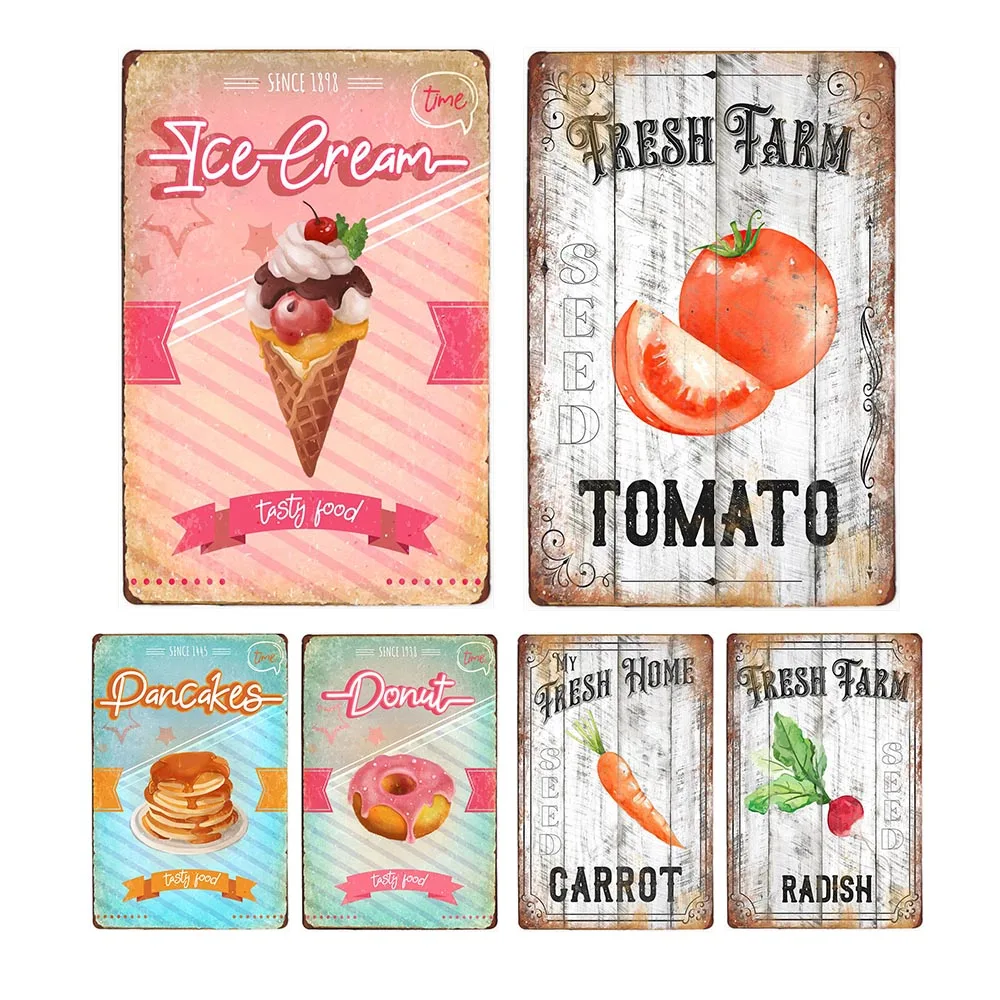 Farm Decorative Poster Metal Ice Cream Organic Vegetables Fruit Chili Carrot  Dinning Wall Stick Painting Plaque Plate 20x30cm