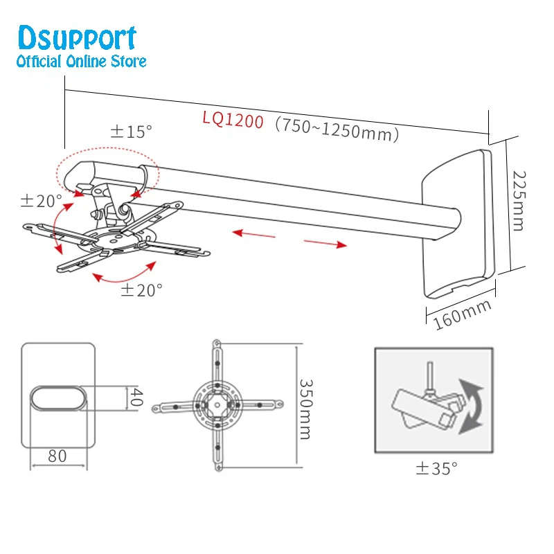 Suporte universal retrátil do gancho do projetor, montagem na parede, movimento completo, novo, carregando 15 kg, LQ1200