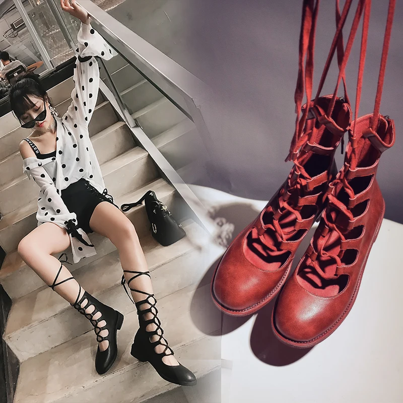 Fashion Shoes Woman Genuine Leather mid-calf Boots summer Hollow out roman sandals lace up ballet flats female botines mujer