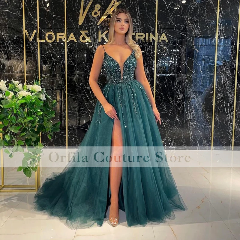 Vestido de fiesta Formal de cóctel para mujer, tirantes finos verde con túnica, cuentas divididas, 2022