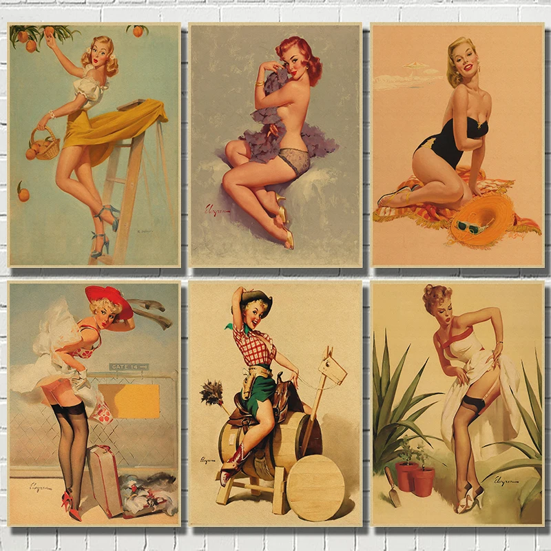 PINUP GIRLS NO.1  World War II Vintage Kraft Paper Classic Poster Bar Cafe Living Room Dining room Wall Decorative Paintings