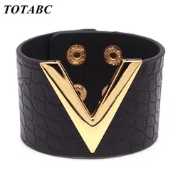 Bracelet en cuir craquelé pour femme, Europe, All-Match V Word, Wide Punk Style, Bijoux doux, Cool, Vente en gros