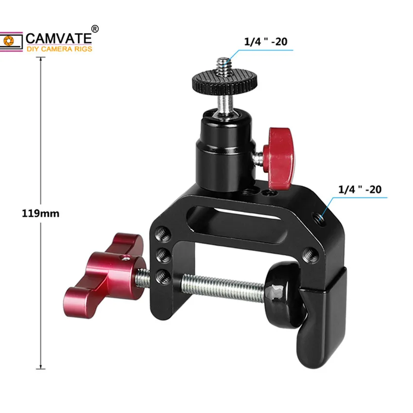 Morsetto a C CAMVATE con supporto Mini testa a sfera da 1/4 "-20 e fori filettati da 1/4" 3/8 "per supporto Monitor/LED/Flash/Video