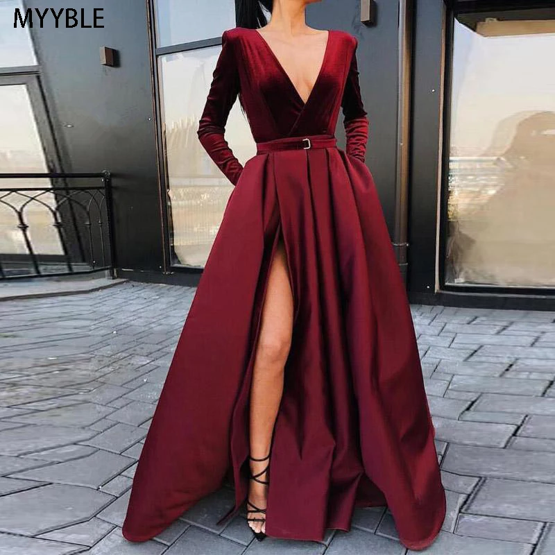 Customized Long Sleeves Deep V-Neck Vestido De Festa Satin with Velour Evening Gowns Robe De Soiree 2019 abiye gece elbisesi