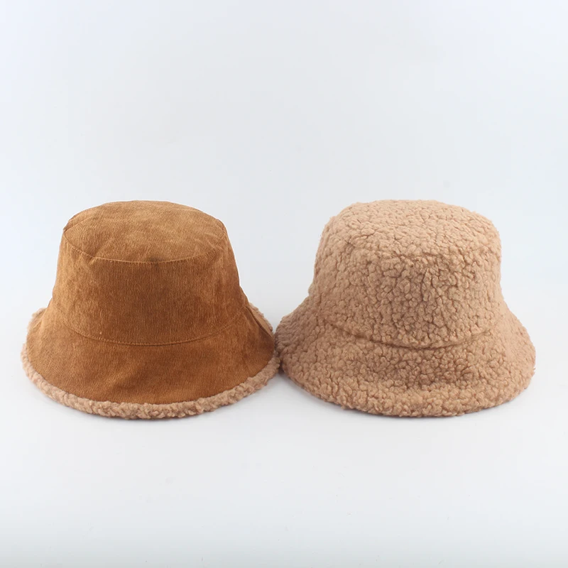 Reversible Faux Fur Bucket Hat Women Winter Lamb Wool Fleece Cap Corduroy Fisherman Hats Sunscreen Panama Caps