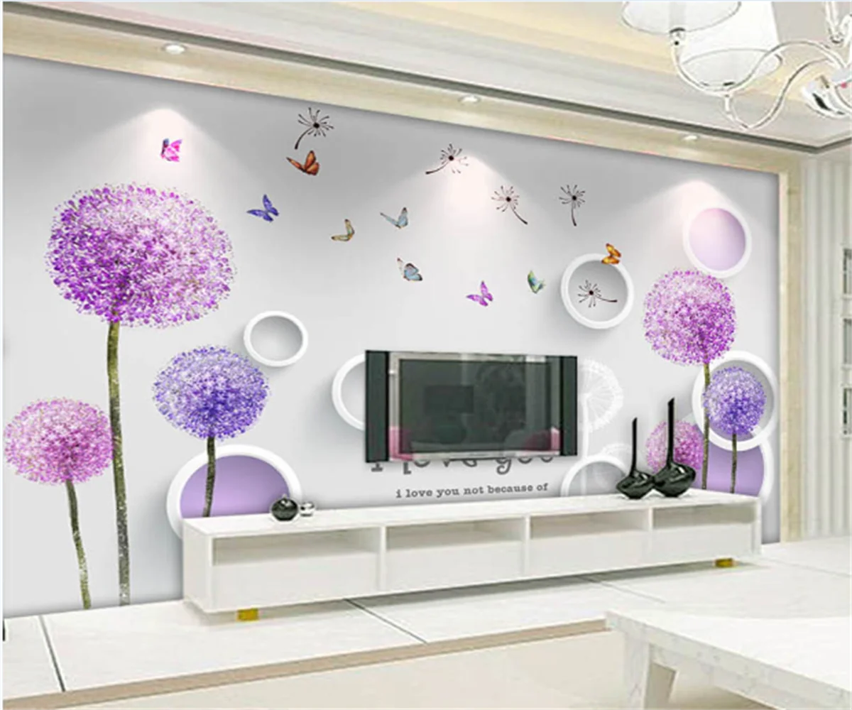 

European style purple dandelion circle 3D stereo TV background wallpaper home decoration custom mural wallpaper