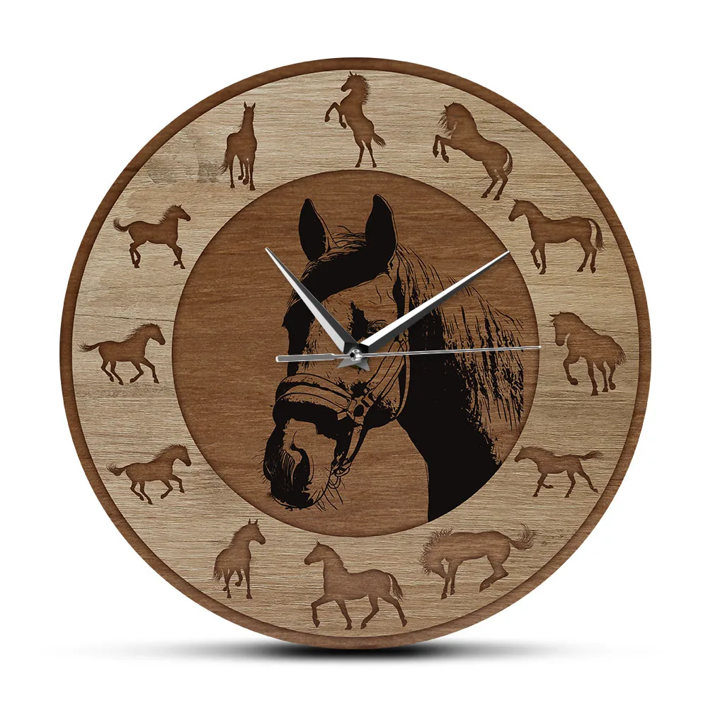 Farmhouse Style Horse Silhouettes Wall Clock Wood Grain Texture Printed Wall Clock Running Horses Art Home Decor Equestrian Gift