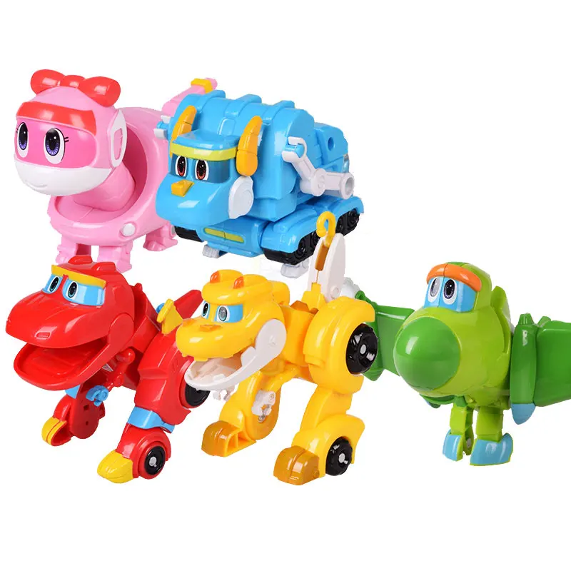 9pcs/set ABS Min Gogo Dino Deformation Robot to Dinosaur Toy Action Figures Transformation Car Airplane Motorboat Crane toys