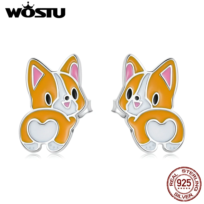 WOSTU 2021 925 Sterling Silver Animals Cute Lovely Corgi Stud Earrings For Women Fashion Party Jewelry CQE1281