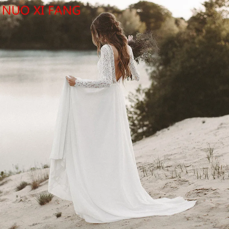 Beach Wedding Dress Long Sleeve Boho V Neck Open Back bridal dresses 2022 Chiffon Princess Lace Chiffon Wedding Gown novia