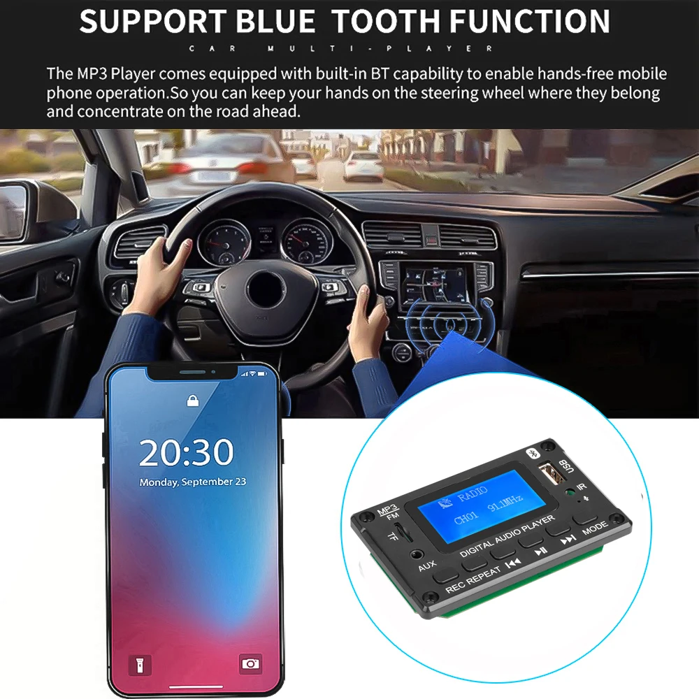 DC 5V 12V LCD Bluetooth 5.0 MP3 Decoder Board Audio DAC USB Player WMA APE Lossless Decoding With Lyrics Display Recording TF FM