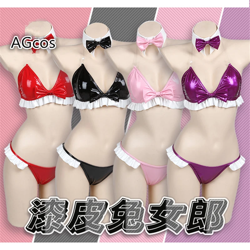 

AGCOS Original Patent Leather Swimsuits Woman Bunny Girl Lovely Sexy Uniform Rabbit Tail Cosplay Costume Bra+Shorts Bikini