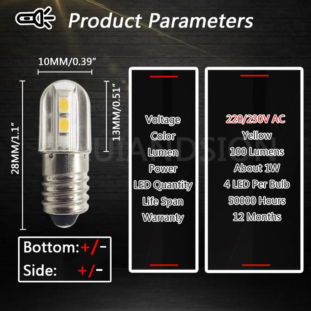 RUIANDSION 2 sztuk E10 4LEDS 3030SMD AC 220V 230V ciepły biały 3000K żółty dekoracyjne światła wodoodporna wymienić żarówka Led