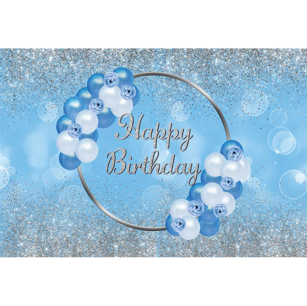 Laeacco Blue White Balloon Birthday Party Photo Backdrop Silver Glitters Light Bokeh Portrait Customized Photography Background