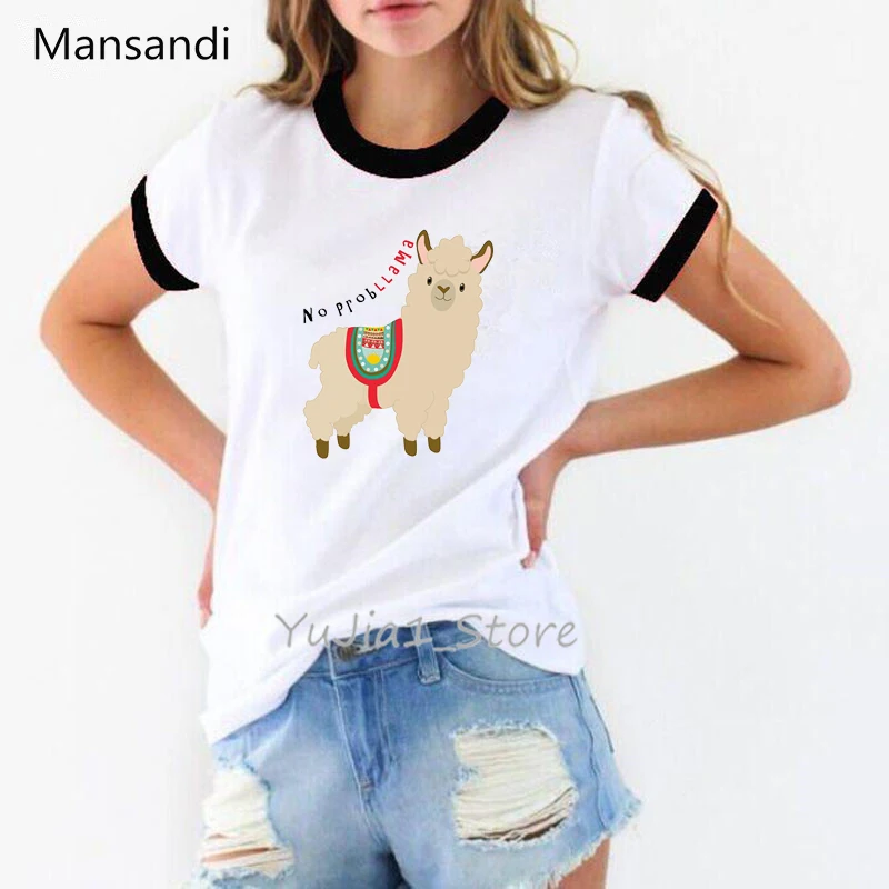 Women Clothes 2024 Summer Harajuku Kawaii Alpaca Llama Animal Print Haut Femme White Cartoon T Shirt Camiseta Mujer Tshirt