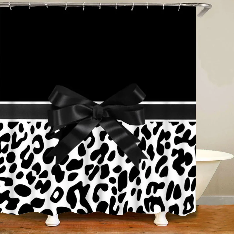 Black White Ribbon Leopard Print Shower Curtain and Rug Set Cheetah Leopard Animal Bathroom Curtains Bath Mats Rugs Carpet Decor