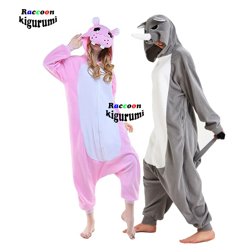 

2021New Adult Animal Rhino Fall Winter Pajama Christmas Men Women Hippo Cosplay Onesie Cartoon Raccoon Kigurumi Unisex