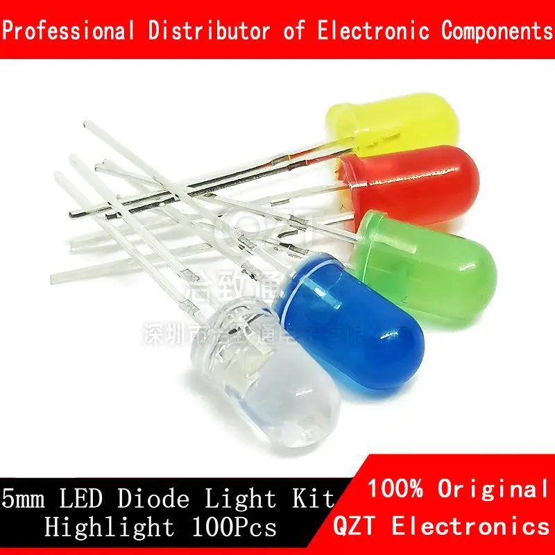 

100PCS 5MM F5 LED Diode 5 mm Light Assorted Kit Green Blue White Yellow Red COMPONENT DIY kit