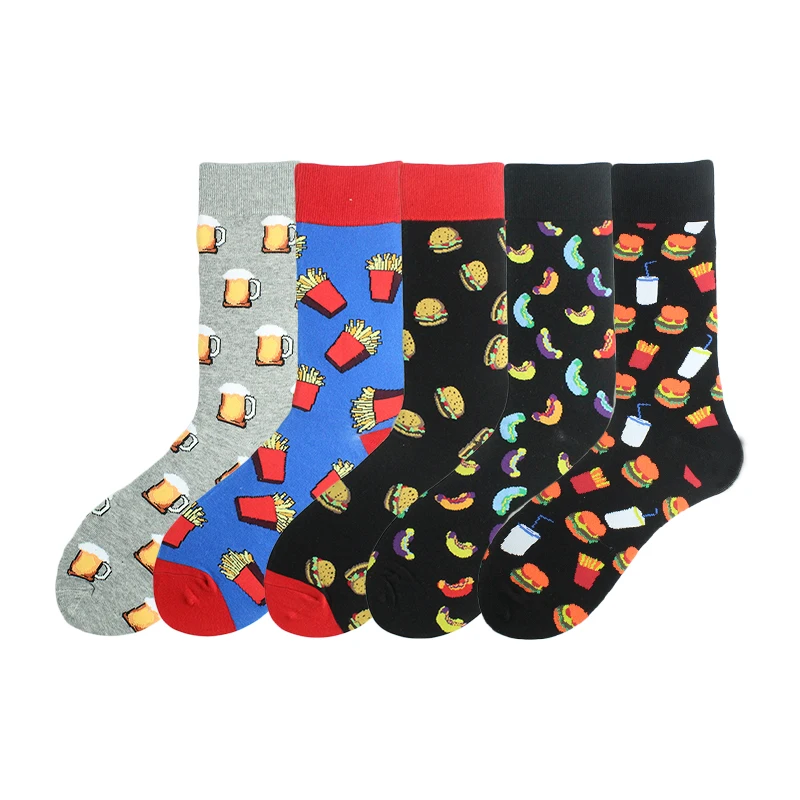 Kolorowy Hot Dog Hamburg Beer Pattern Novelty Crew Socks Męskie śmieszne jedzenie Kawaii Sokken Kreatywne bawełniane skarpetki dla mężczyzn